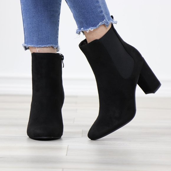 Black Suede Chelsea Block High Heel Above Ankle Boots - Picture 10 of 12